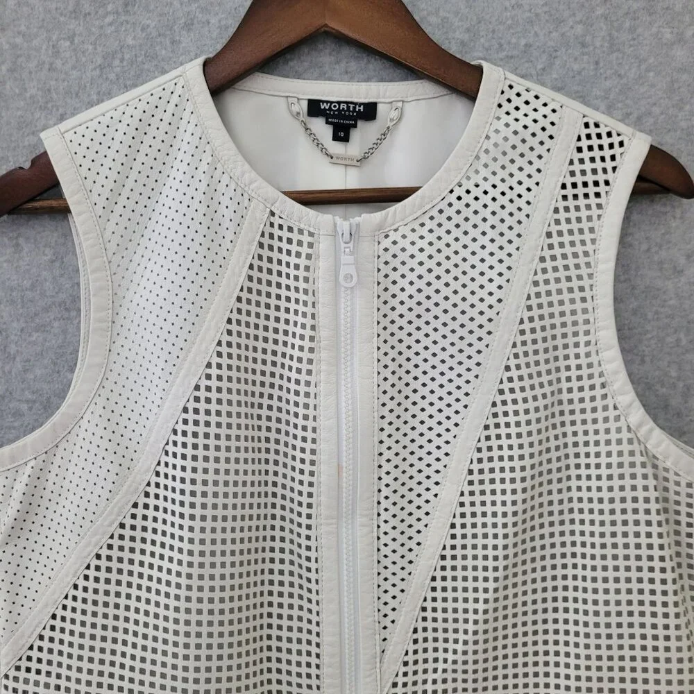 Worth New York Genuine Leather Zip Front Vest Size 10 White Perforated Moto - Picture 4 of 8